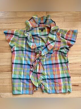American Living 100% Cotton Summer Plaid Ruffle Blouse